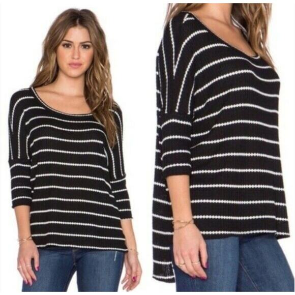 Chaser Tops - Chaser Black White Stripe Waffle Knit Top Small